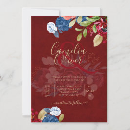 Convite Casamento Floral Azul Borgonha Rústico