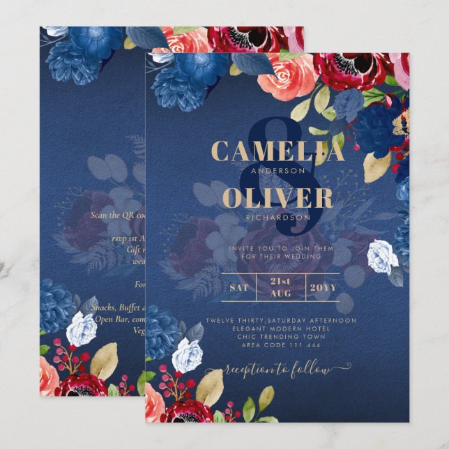 Convite Casamento Floral Azul Borgonha Rústico (Frente/Verso)