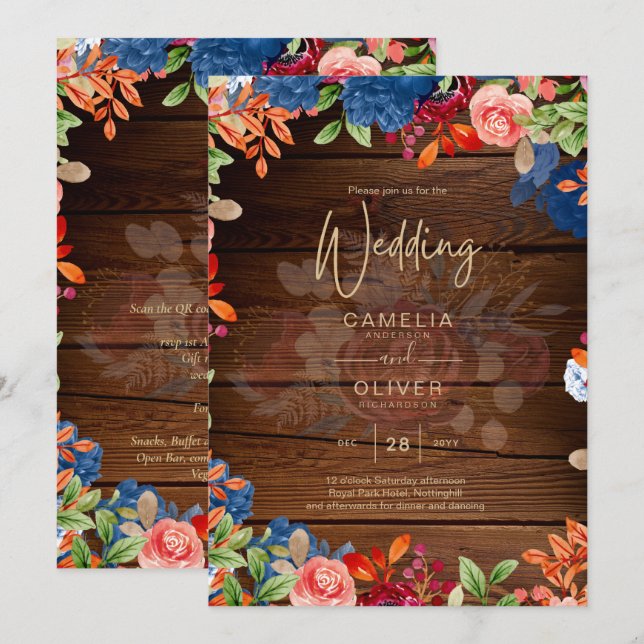 Convite Casamento Floral Azul Borgonha Rústico (Frente/Verso)