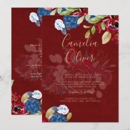 Convite Casamento Floral Azul Borgonha Rústico