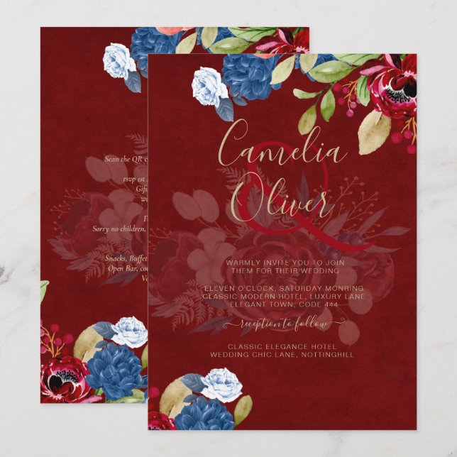Convite Casamento Floral Azul Borgonha Rústico (Frente/Verso)