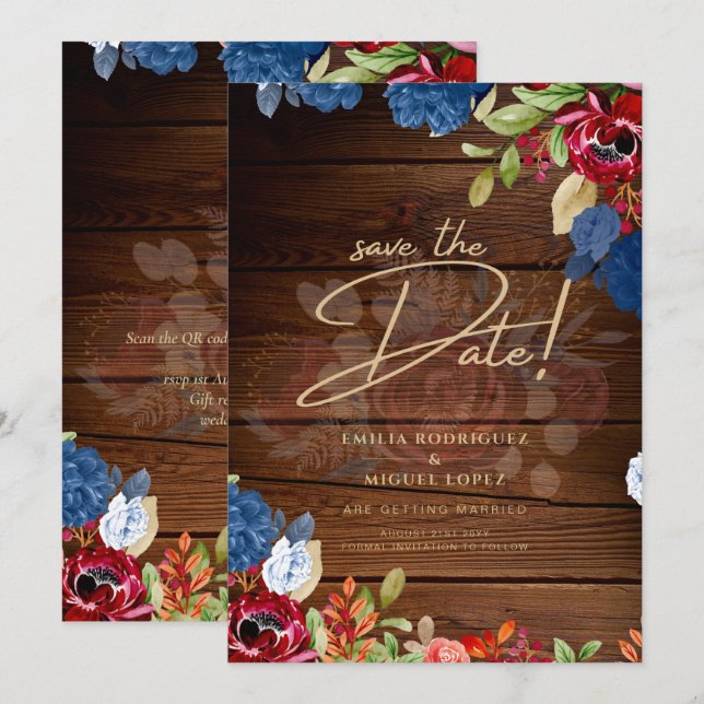Convite Casamento Floral Azul Borgonha Rústico SALVE A DAT (Frente/Verso)