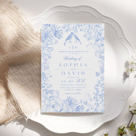 Convite Casamento Floral Azul Branco Clássico Francês