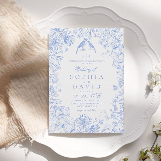 Convite Casamento Floral Azul Branco Clássico Francês (Criador carregado)