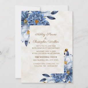Convite Casamento Floral Azul Branco Dourado Elegante