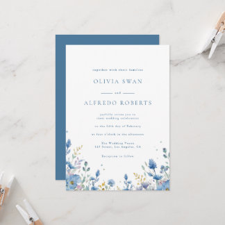 Convite Casamento Floral Azul Branco Moderno