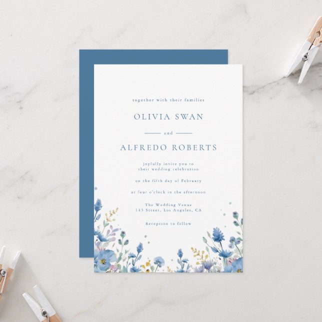 Convite Casamento Floral Azul Branco Moderno (Frente/Verso In Situ)