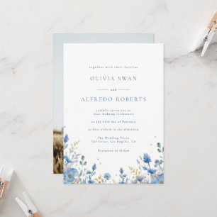Convite Casamento Floral Azul Branco Moderno Com Foto