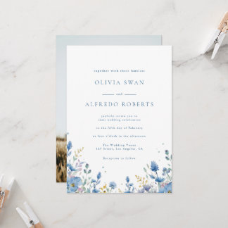Convite Casamento Floral Azul Branco Moderno Com Foto
