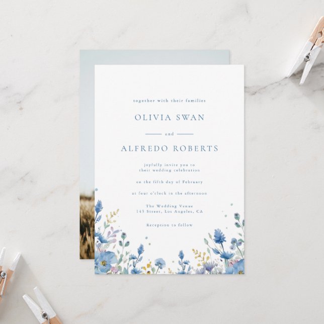 Convite Casamento Floral Azul Branco Moderno Com Foto (Frente/Verso In Situ)