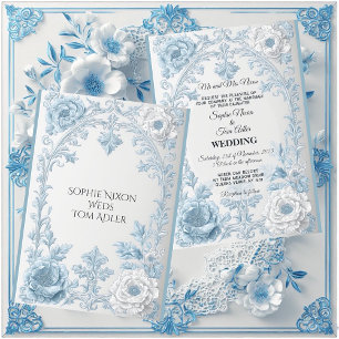 Convite Casamento Floral Azul Branco no Estilo Francês Ant