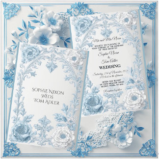 Convite Casamento Floral Azul Branco no Estilo Francês Ant