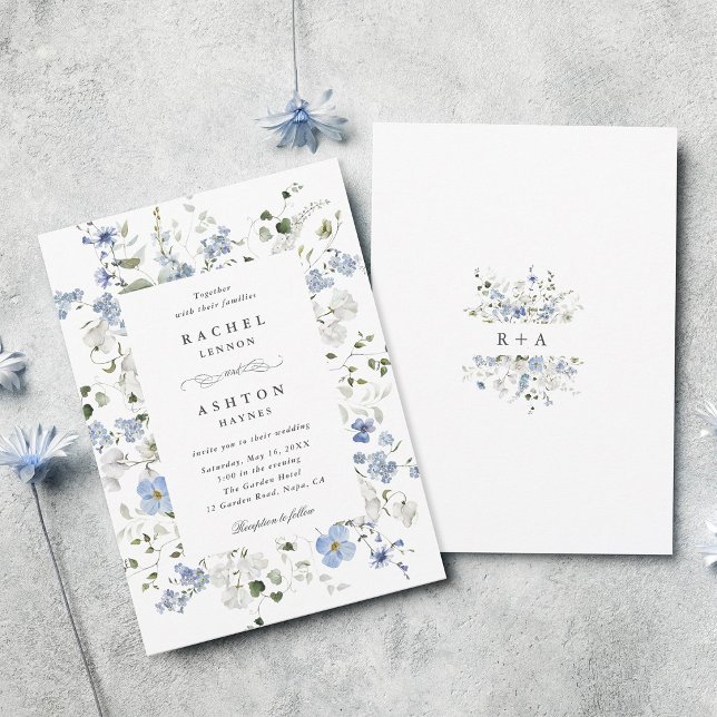 Convite Casamento Floral Azul Branco Verde Elegante   (Front & Back)