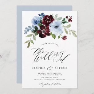 Convite casamento floral azul burgundy