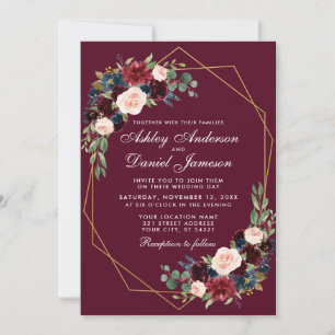 Convite Casamento Floral Azul Burgundy Dourado Geométrico