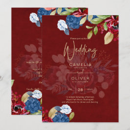Convite Casamento Floral Azul Burgundy Rústico