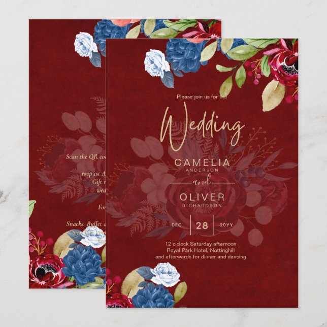 Convite Casamento Floral Azul Burgundy Rústico (Frente/Verso)