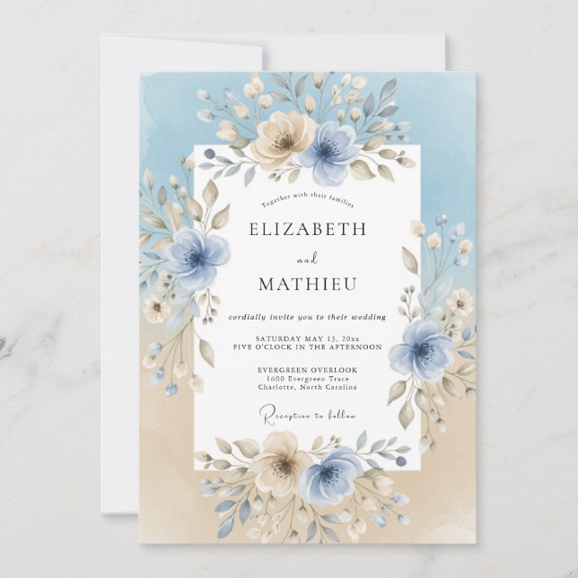 Convite Casamento Floral Azul Celeste Bliss (Frente)