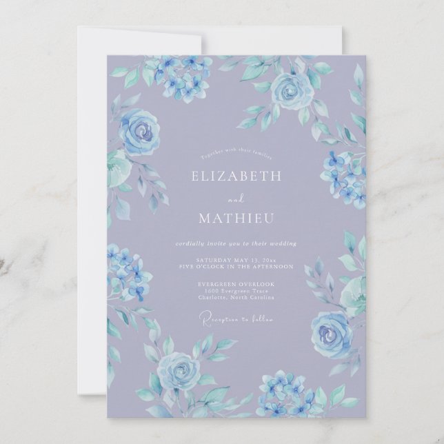 Convite Casamento Floral Azul Celeste Breezy (Frente)