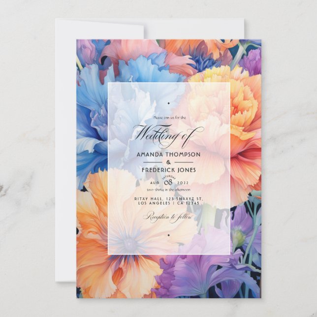 Convite Casamento Floral Azul Centáurea e Pêssego (Frente)