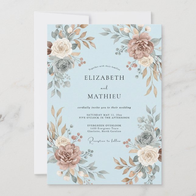 Convite Casamento Floral Azul Céu (Frente)