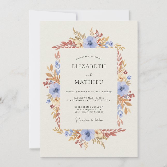 Convite Casamento Floral Azul Céu de Outono (Frente)