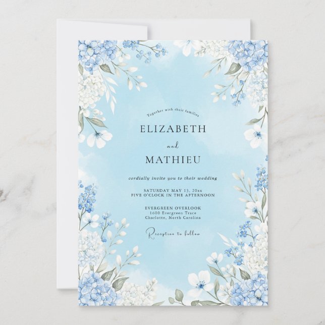 Convite Casamento Floral Azul Céu em Flor (Frente)