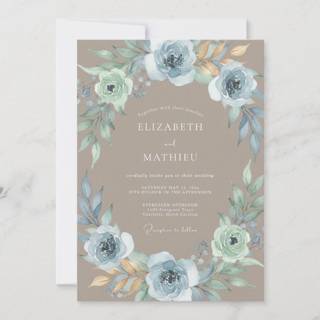 Convite Casamento Floral Azul Céu na Floresta (Frente)