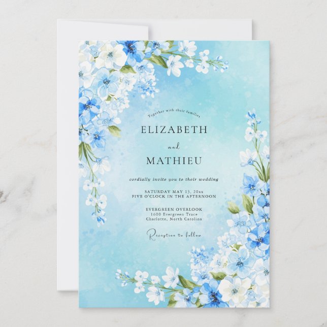 Convite Casamento Floral Azul Céu na Primavera (Frente)