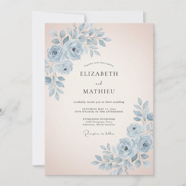Convite Casamento Floral Azul Céu Sereno (Frente)