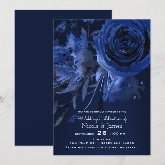Convite Casamento Floral Azul Chic de Inverno Rosa Negrito (Frente/Verso)