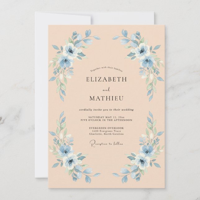 Convite Casamento Floral Azul Claro (Frente)