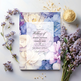 Convite Casamento Floral Azul Claro, Creme e Lavanda