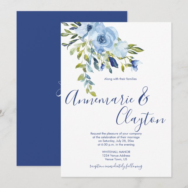 Convite Casamento Floral Azul Claro e Azul Marinho | (Frente/Verso)