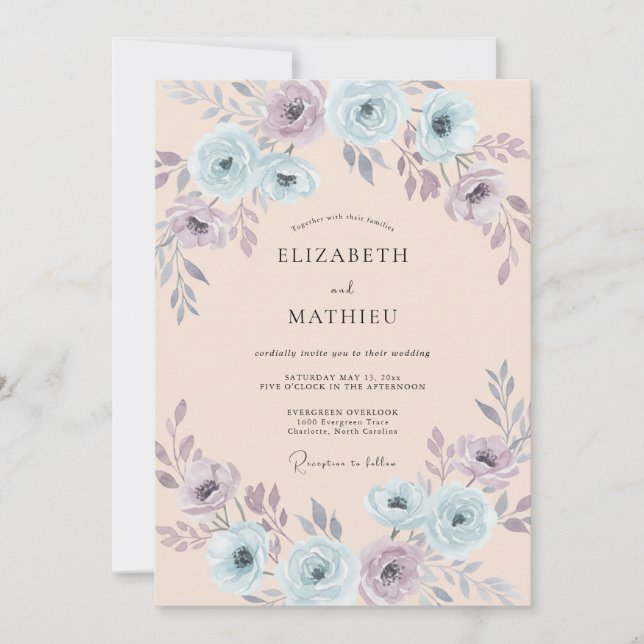Convite Casamento Floral Azul Claro Etéreo com Rubor (Frente)