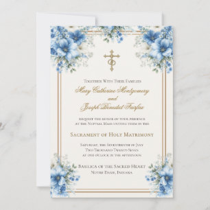 Convite Casamento Floral Azul Clássico Católico