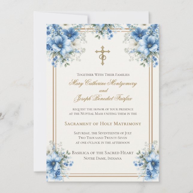 Convite Casamento Floral Azul Clássico Católico (Frente)