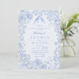 Convite Casamento Floral Azul Clássico Francês