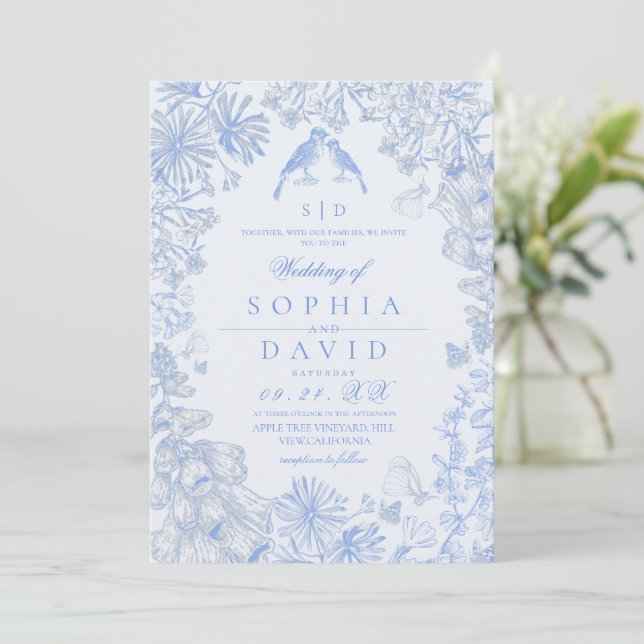 Convite Casamento Floral Azul Clássico Francês (Em pé/Frente)