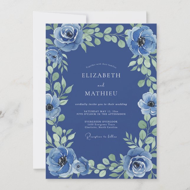 Convite Casamento Floral Azul Cobalto (Frente)