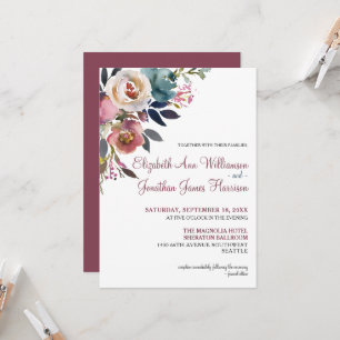 Convite Casamento Floral Azul com Borgonha Elegante