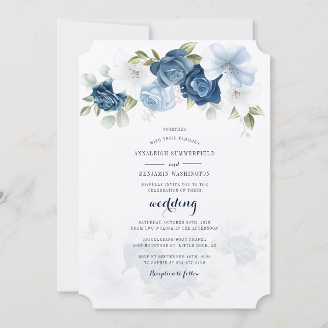 Convite Casamento Floral Azul com Derrante Botânico Modern (Frente)