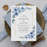 Convite casamento floral azul com quadro elegante<br><div class="desc">flores azuis com uma estrutura dourada e uma cor poeirenta nas costas. Você pode alterar o texto,  o tamanho do texto,  as cores e a fonte neste modelo.</div>