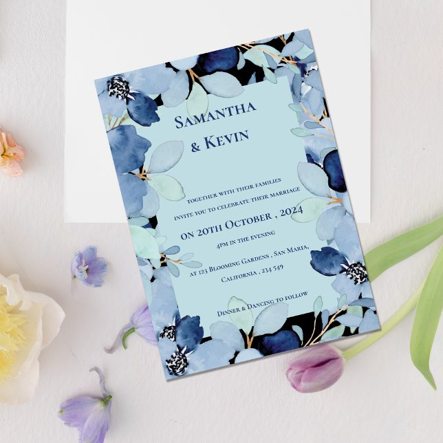 Convite Casamento Floral Azul-Cor-de-Água Elegante (Elegant Moody Watercolor Blue Floral Wedding Invitation)