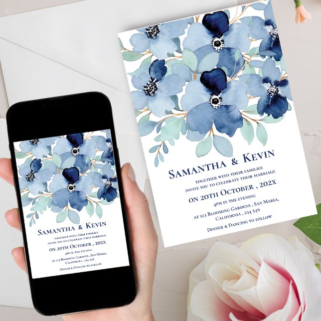 Convite Casamento Floral Azul-Cor-de-Água Elegante (Elegant Moody Watercolor Blue Floral Wedding Invitation)