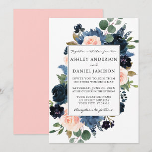 Convite Casamento Floral Azul Cor-de-Água Pintado