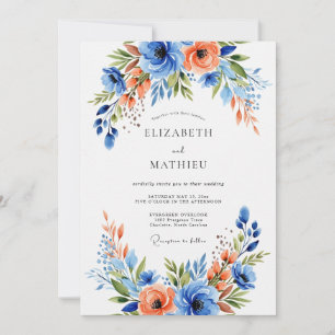 Convite Casamento Floral Azul Coral
