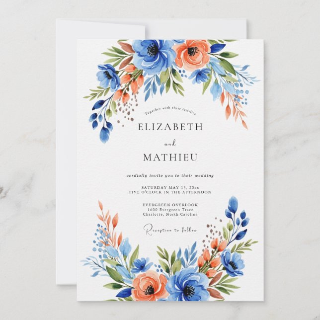 Convite Casamento Floral Azul Coral (Frente)