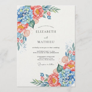 Convite Casamento Floral Azul Coral Caprichoso