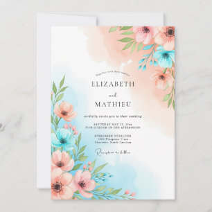 Convite Casamento Floral Azul Coral Caprichoso